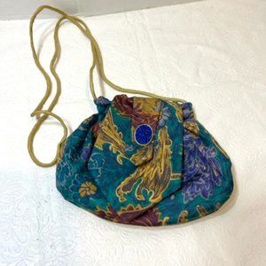 JT Beckett Handmade Tie Crossbody Purse w/Sparkling Blue Brooch Small 7.5"x6"